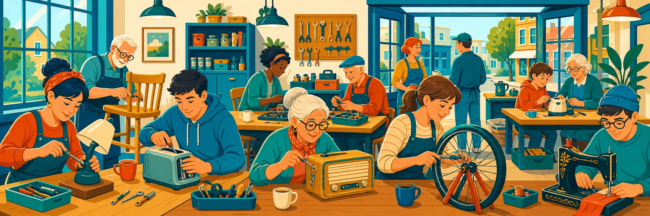 Stylized panoramic illustration of community repair café in Gault Mills.