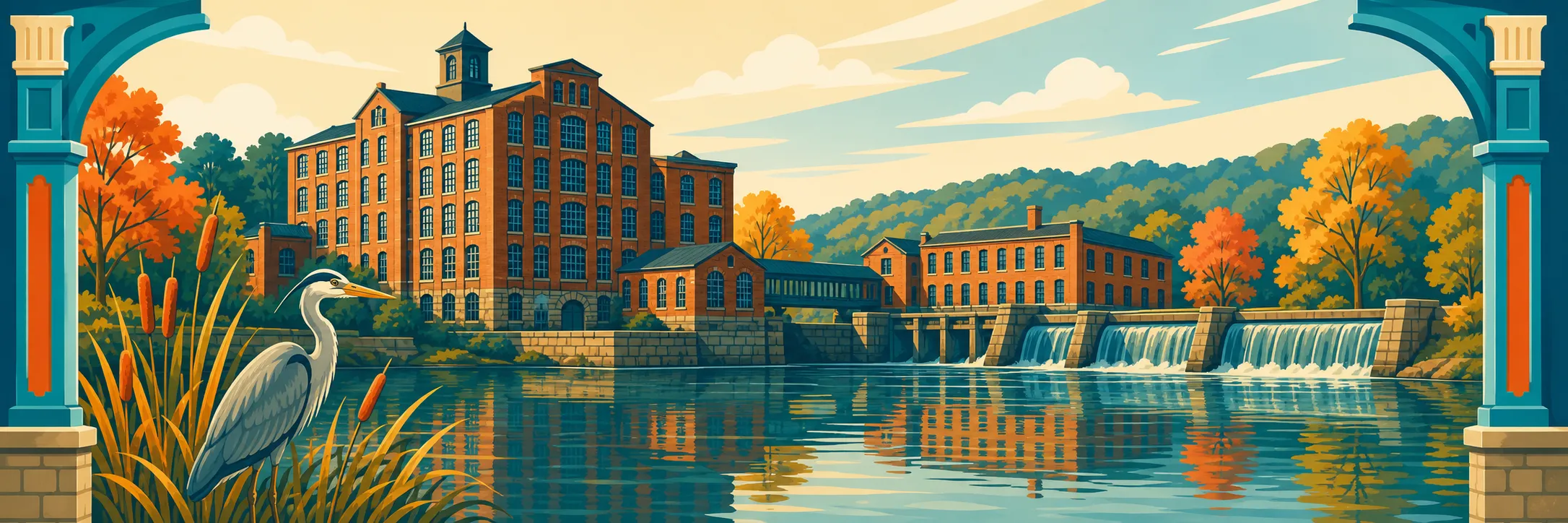 Stylized panoramic illustration of old mill river in Gault Mills.