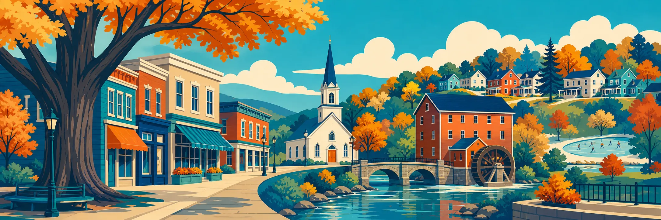 A grand autumn panorama combines Main Street, the white church, river, watermill, hillside homes, and distant skating pond.