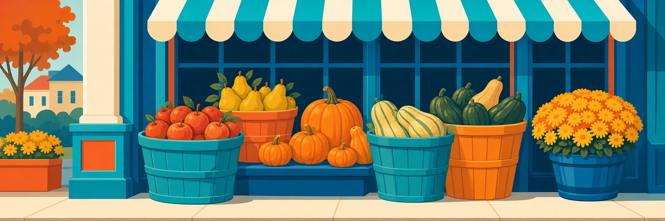 Stylized panoramic illustration of autumn market baskets in Gault Mills.