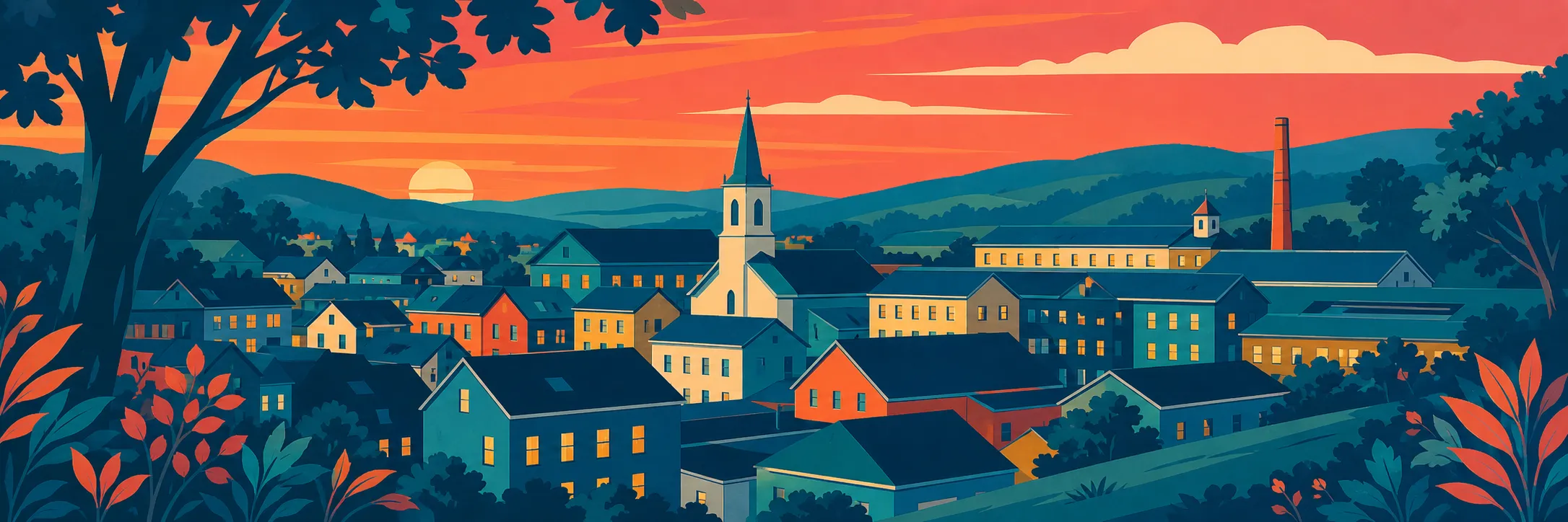 Stylized panoramic illustration of town rooftops twilight in Gault Mills.