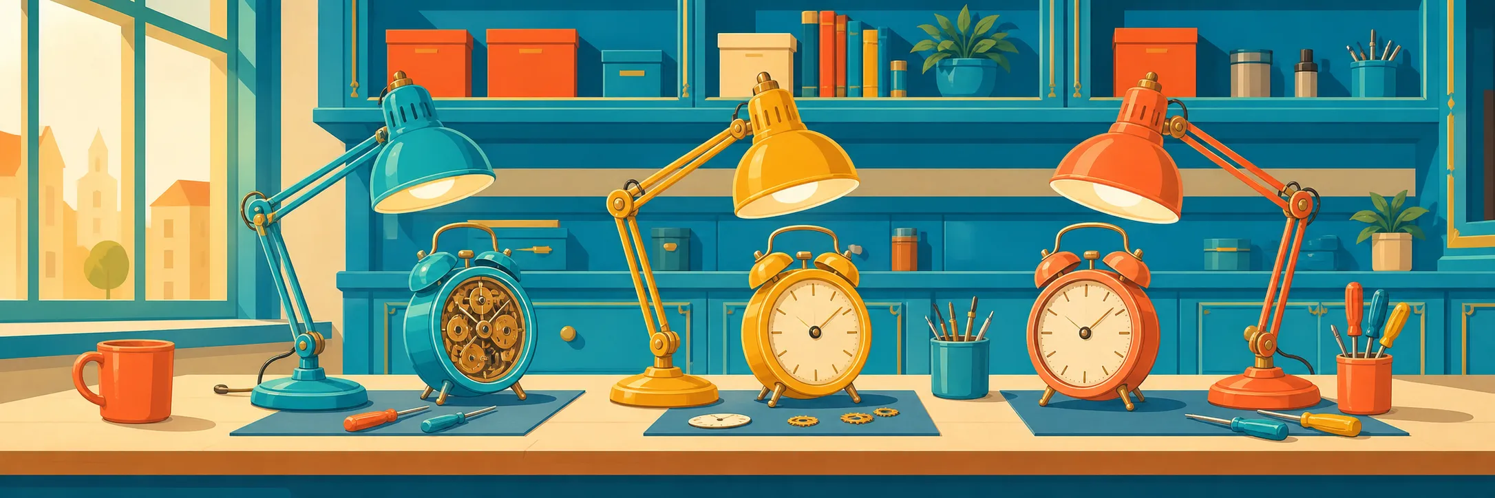 Stylized panoramic illustration of repair bench lamps and clocks in Gault Mills.