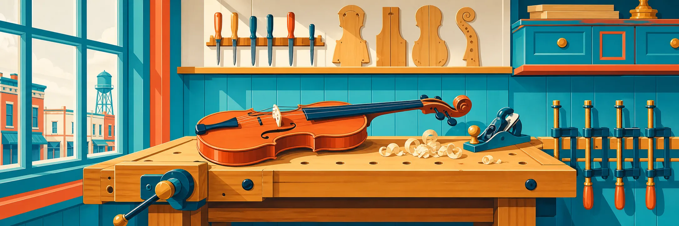 Stylized panoramic illustration of fiddle workbench in Gault Mills.