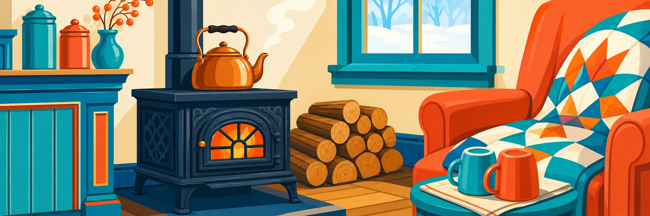 Stylized panoramic illustration of kettle pipe stove in Gault Mills.