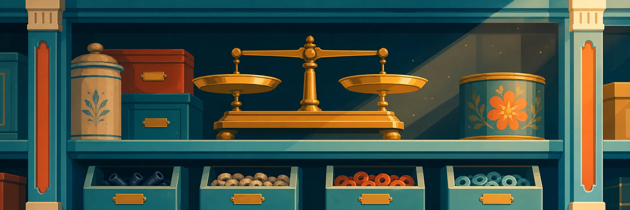 Stylized panoramic illustration of brass scale in Gault Mills.