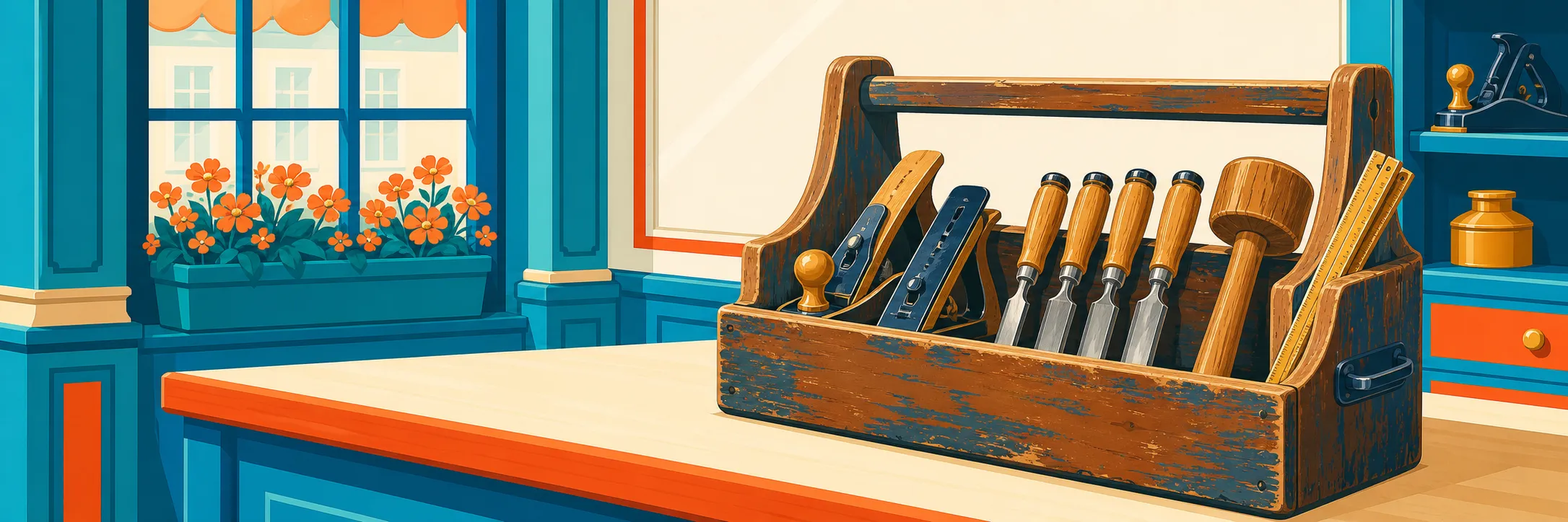 Stylized panoramic illustration of toolbox counter in Gault Mills.