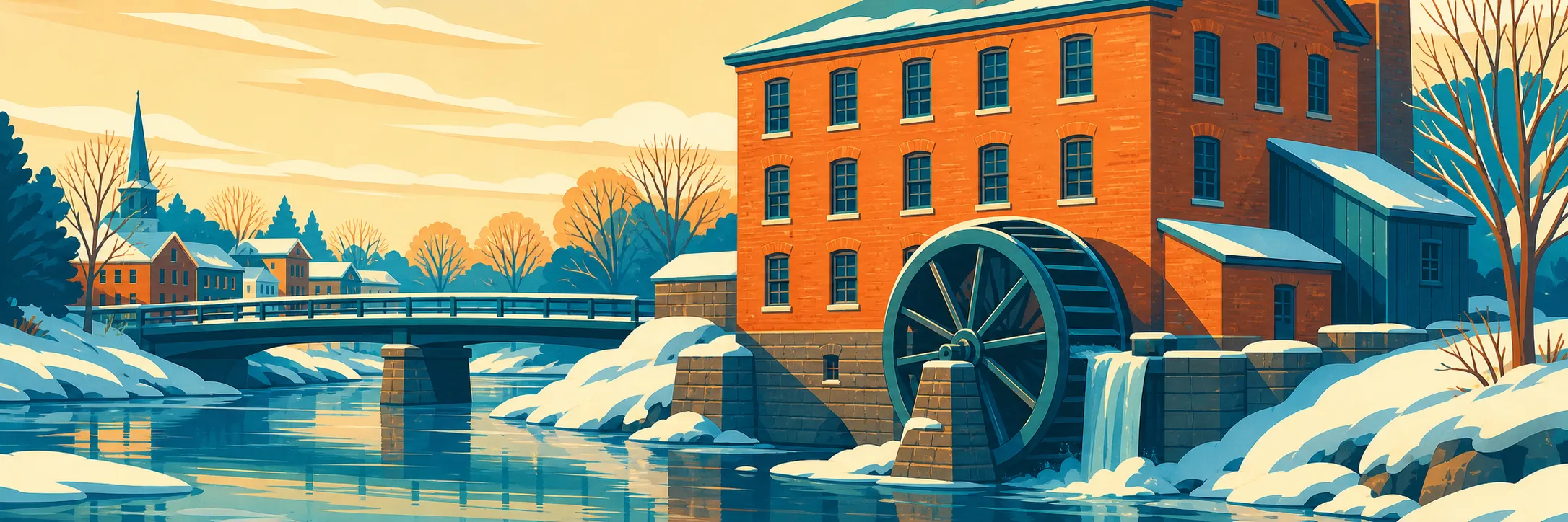Stylized panoramic illustration of mill winter in Gault Mills.