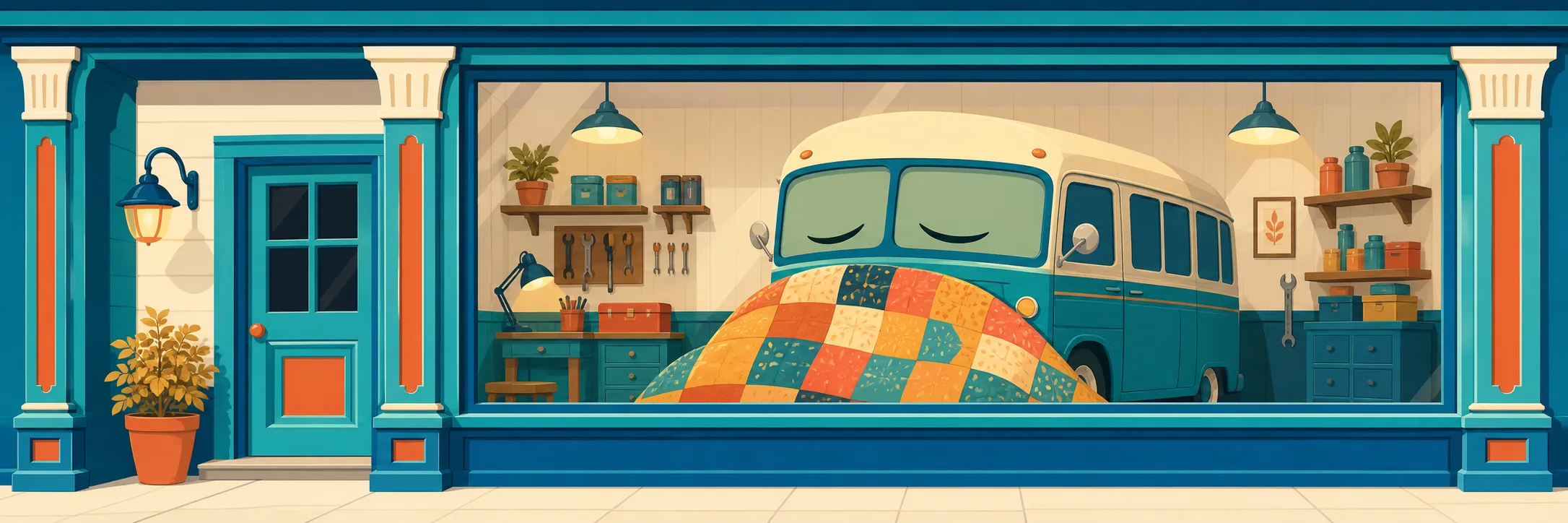 A cream-and-teal vintage van appears behind the broad display window of the repair shop.