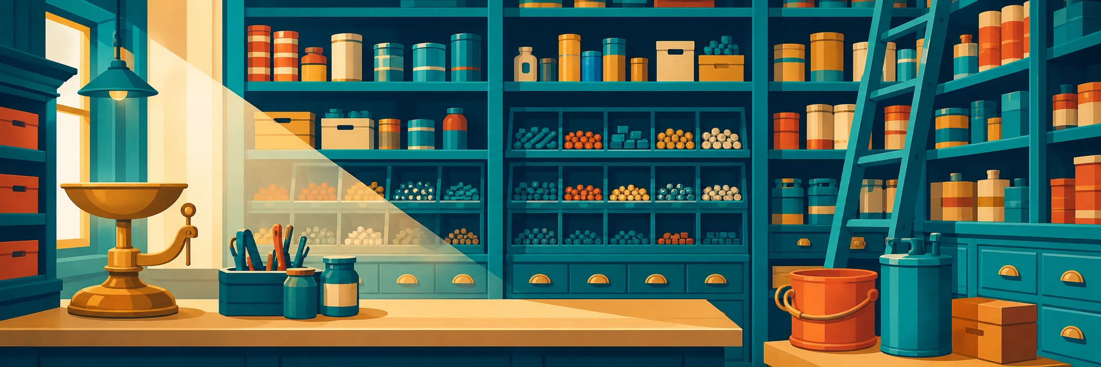 Stylized panoramic illustration of shop back room in Gault Mills.