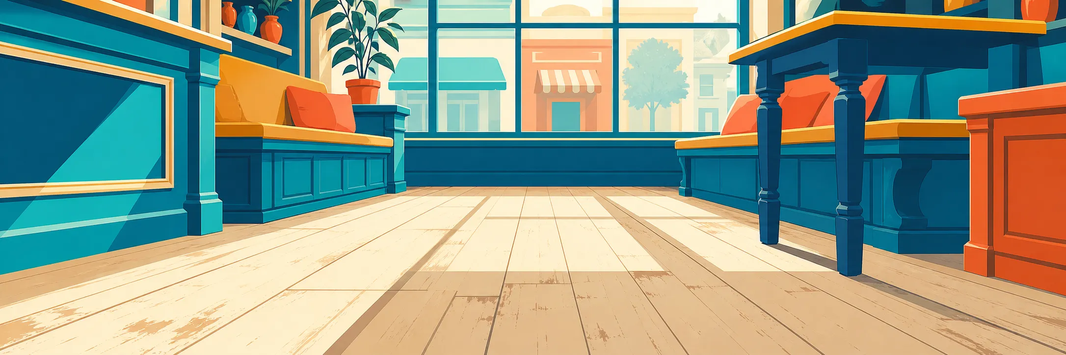 Stylized panoramic illustration of shop floorboards in Gault Mills.