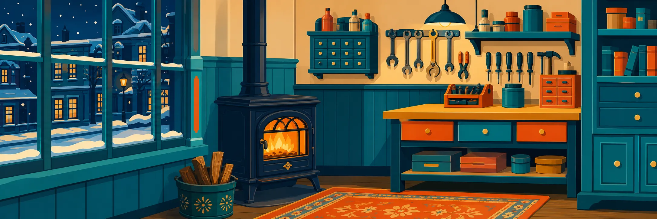 Stylized panoramic illustration of shop winter night in Gault Mills.