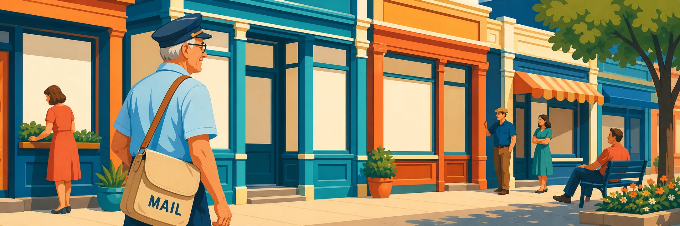 An older carrier walks along colorful Main Street with a cream shoulder bag marked MAIL.