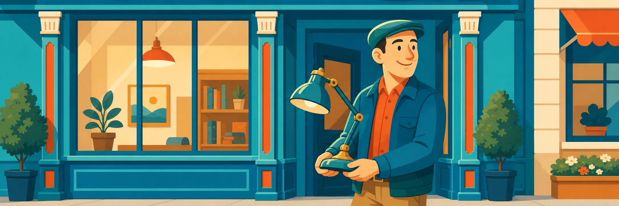 Stylized panoramic illustration of lamp going home in Gault Mills.