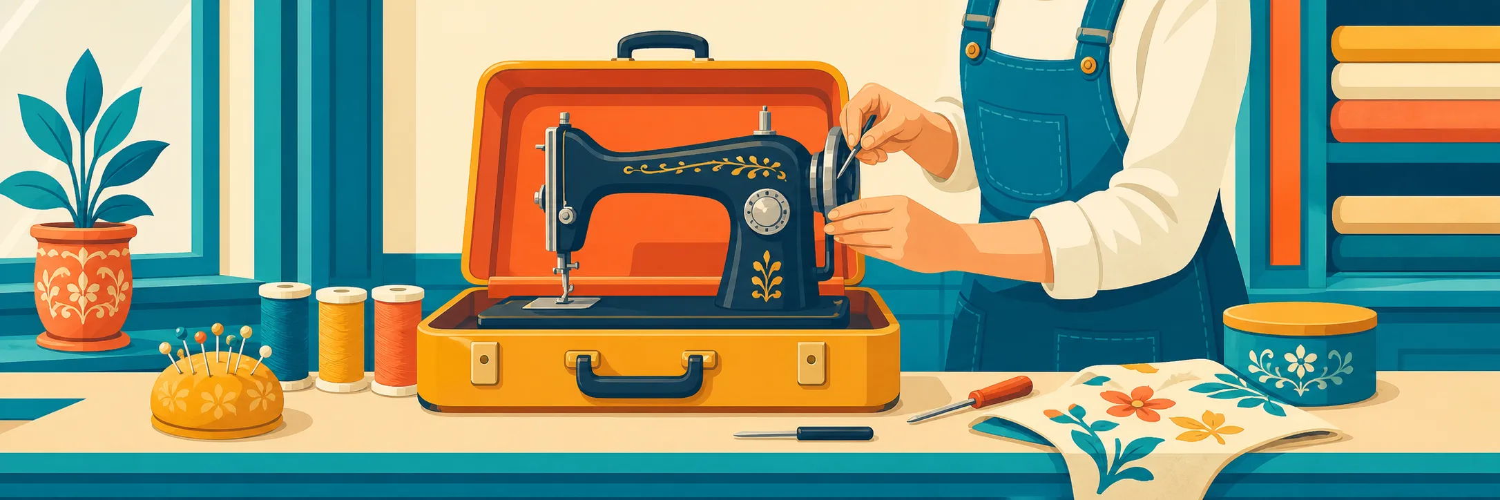 Stylized panoramic illustration of sewing machine counter in Gault Mills.