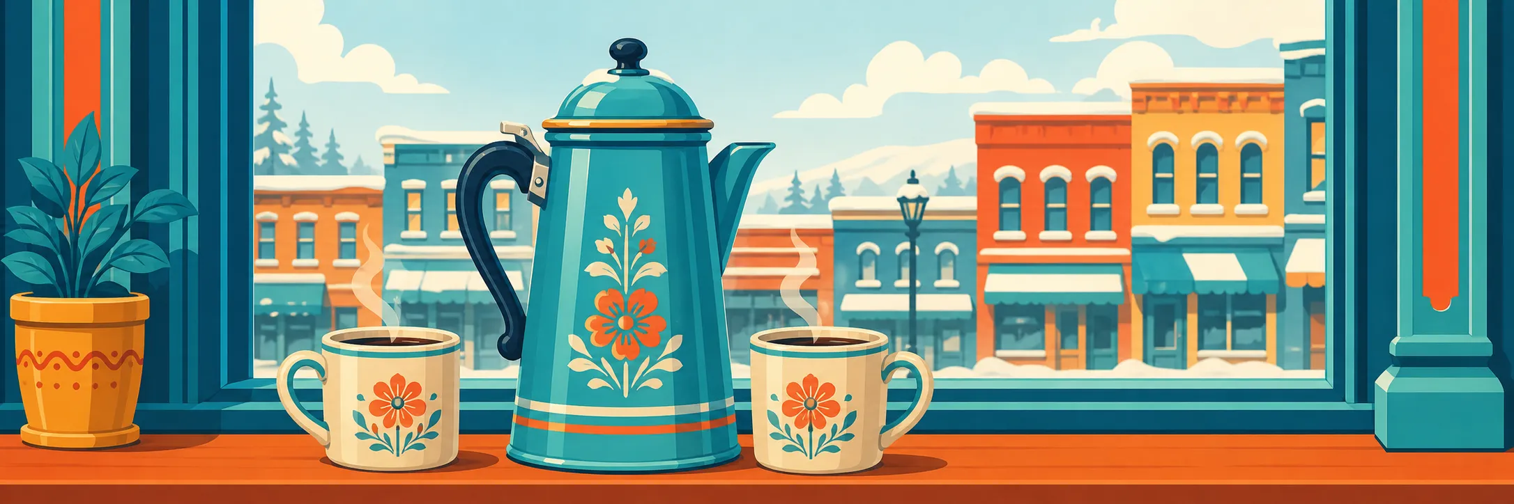 Stylized panoramic illustration of percolator counter in Gault Mills.