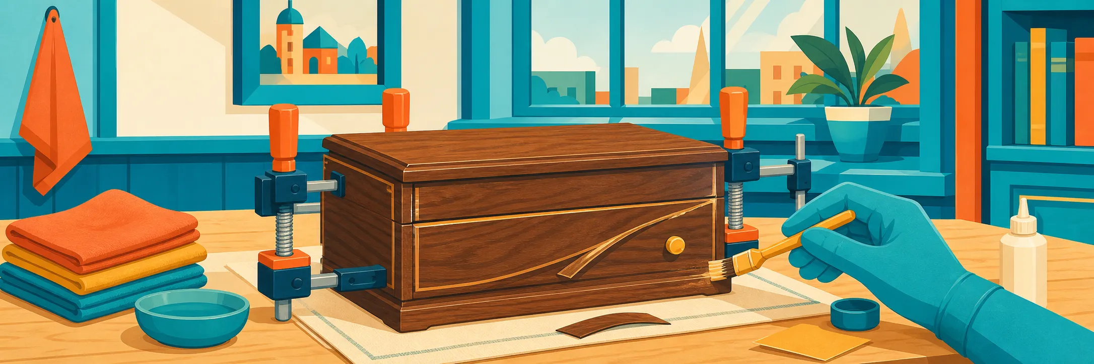 Stylized panoramic illustration of jewelry box repair in Gault Mills.